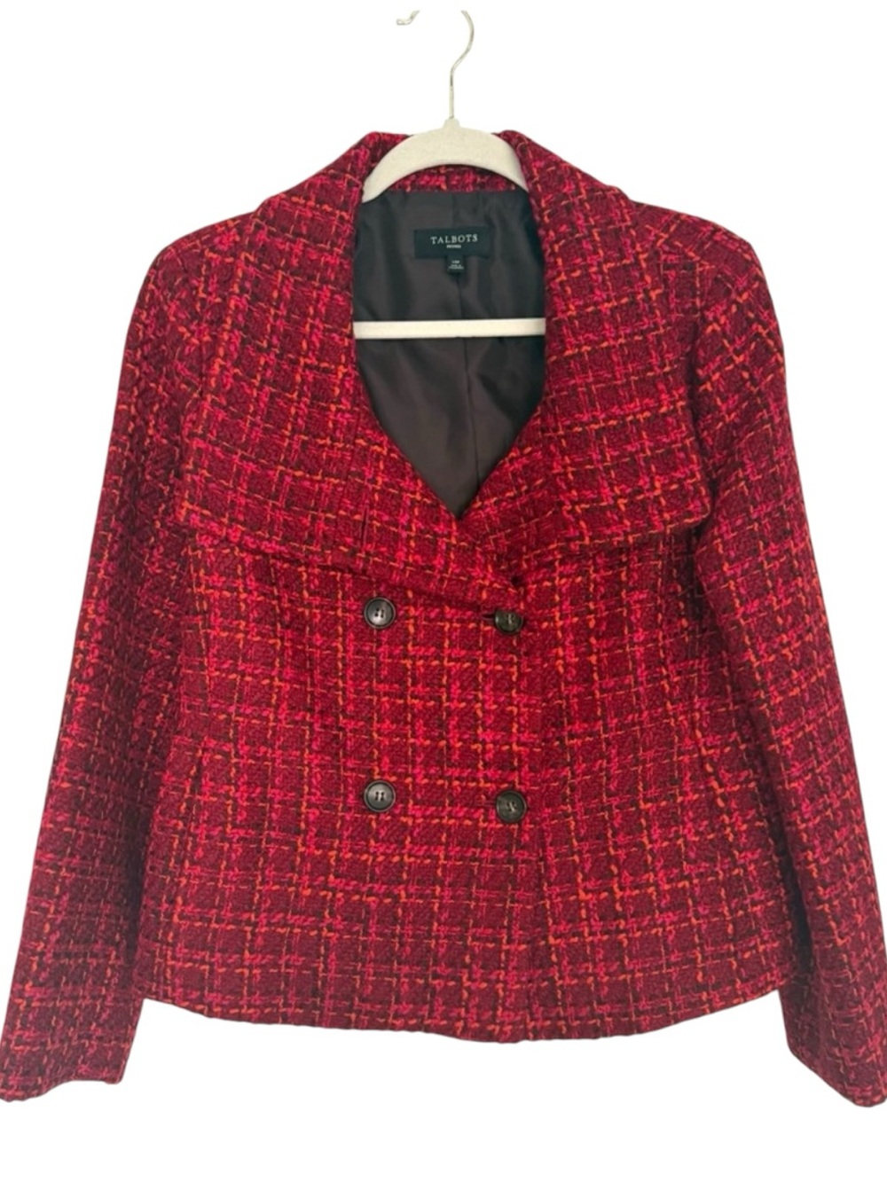 Talbots 14P Wool Blend Tweed Blazer Jacket Red Black Orange Lined Petite